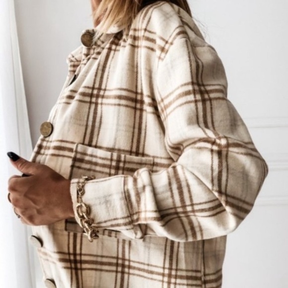 Jackets & Blazers - SOLD OUT Beige Plaid Flannel Oversized Shacket Shirt Jacket